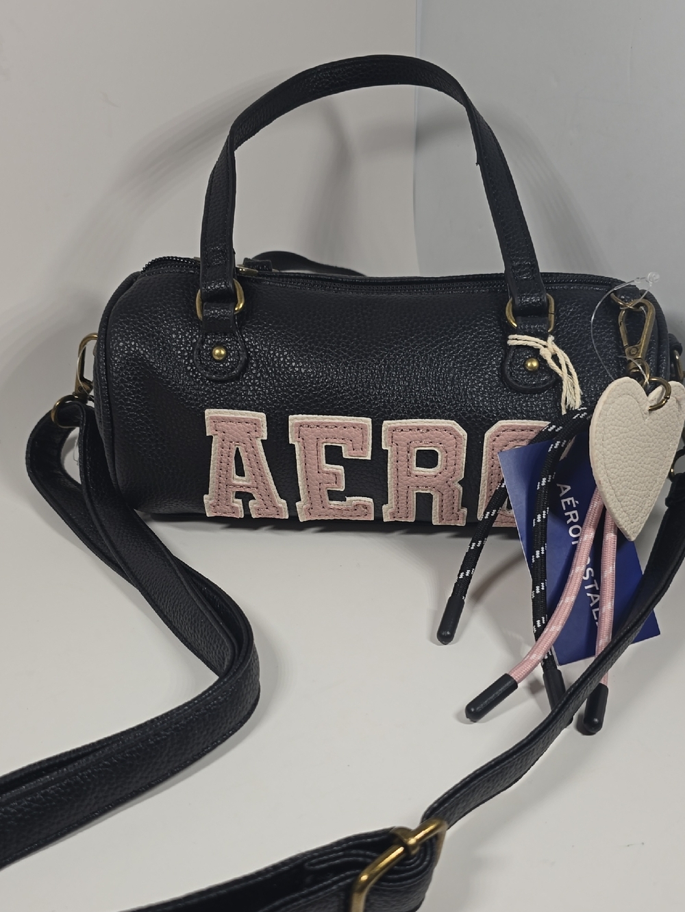 Aeropostale Black Barrel Crossbody Bag with Pink Lettering NWT